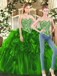 Dark Green Sweet 16 Dress Military Ball and Sweet 16 with Beading and Ruffles Sweetheart Sleeveless Lace Up