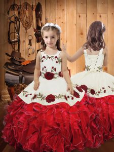 Stunning Floor Length Red Little Girls Pageant Dress Wholesale Straps Sleeveless Lace Up