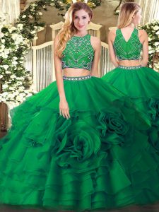 Graceful High-neck Sleeveless Zipper Quinceanera Dresses Dark Green Tulle