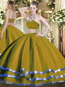 Olive Green Two Pieces Tulle High-neck Sleeveless Beading Floor Length Backless Quince Ball Gowns