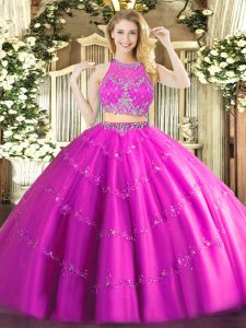 Traditional Fuchsia Sleeveless Floor Length Beading Zipper Sweet 16 Dresses