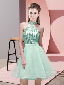 Smart Mini Length Apple Green Quinceanera Court Dresses Halter Top Sleeveless Backless