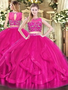 Hot Pink Two Pieces Tulle Scoop Sleeveless Beading and Ruffles Floor Length Zipper Quinceanera Gowns