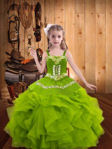 Organza Straps Sleeveless Lace Up Embroidery and Ruffles Pageant Dress for Teens in Olive Green