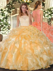 Glittering Scoop Sleeveless Quinceanera Gowns Floor Length Lace and Ruffles Gold Organza