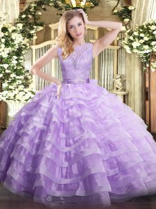 Lavender Sleeveless Lace and Ruffled Layers Floor Length Sweet 16 Dress