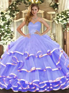 Lavender Ball Gowns Ruffled Layers Quince Ball Gowns Lace Up Organza Sleeveless Floor Length