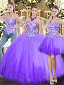 Lavender Quince Ball Gowns Military Ball and Sweet 16 and Quinceanera with Beading Sweetheart Sleeveless Lace Up