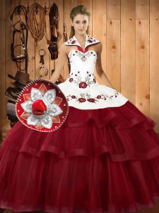 Wine Red Sleeveless With Train Embroidery and Ruffled Layers Lace Up Ball Gown Prom Dress