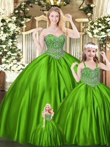 Cute Floor Length Lace Up Quinceanera Gown Green for Military Ball and Sweet 16 and Quinceanera with Beading