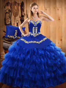 Custom Fit Blue Lace Up Sweet 16 Dresses Embroidery and Ruffled Layers Sleeveless Floor Length