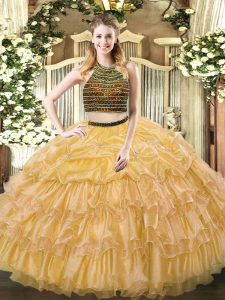 Luxury Gold Halter Top Zipper Beading and Ruffled Layers Quinceanera Gowns Sleeveless