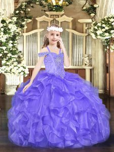 Luxurious Lavender Ball Gowns Beading and Ruffles Pageant Dress for Teens Lace Up Organza Sleeveless Floor Length