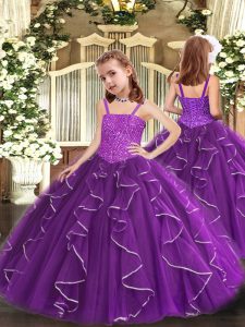 Purple Little Girls Pageant Gowns Party and Sweet 16 and Quinceanera and Wedding Party with Beading and Ruffles Straps Sleeveless Lace Up