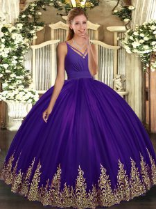 Ball Gowns Ball Gown Prom Dress Purple V-neck Tulle Sleeveless Floor Length Backless