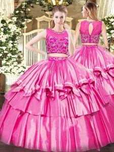 Fine Two Pieces Quinceanera Gowns Rose Pink Scoop Tulle Sleeveless Floor Length Zipper