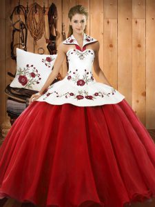 Wine Red Ball Gowns Satin and Tulle Halter Top Sleeveless Embroidery Floor Length Lace Up Quinceanera Gown