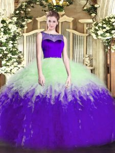 Glittering Tulle Scoop Sleeveless Zipper Beading and Ruffles 15th Birthday Dress in Multi-color