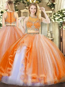 Dazzling Organza Scoop Sleeveless Zipper Beading and Ruffles Vestidos de Quinceanera in Orange Red