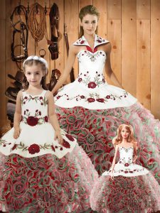 Multi-color Ball Gowns Satin and Fabric With Rolling Flowers Halter Top Sleeveless Embroidery Floor Length Lace Up Vestidos de Quinceanera