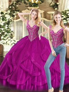 Great Sleeveless Floor Length Beading and Ruffles Lace Up Sweet 16 Quinceanera Dress with Fuchsia