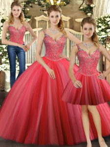 Coral Red 15th Birthday Dress Military Ball and Sweet 16 and Quinceanera with Beading Straps Sleeveless Lace Up