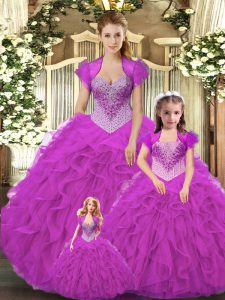 Superior Fuchsia Sleeveless Tulle Lace Up Quinceanera Dresses for Military Ball and Sweet 16 and Quinceanera