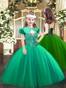 Customized Straps Sleeveless Little Girls Pageant Dress Floor Length Beading Turquoise Tulle