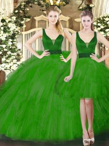 Most Popular Sleeveless Floor Length Beading and Ruffles Lace Up 15 Quinceanera Dress with Green