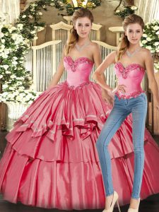 Simple Watermelon Red Two Pieces Beading and Ruffled Layers Ball Gown Prom Dress Lace Up Organza Sleeveless Floor Length