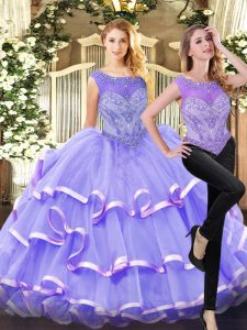 Amazing Lavender Quinceanera Dress Military Ball and Sweet 16 and Quinceanera with Beading and Ruffled Layers Scoop Sleeveless Lace Up