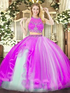 Scoop Sleeveless Organza 15th Birthday Dress Beading and Ruffles Zipper