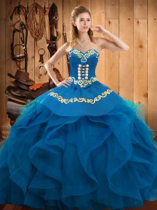 Popular Blue Sweetheart Neckline Embroidery and Ruffles 15th Birthday Dress Sleeveless Lace Up