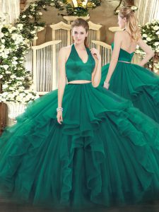 Floor Length Zipper Sweet 16 Dress Dark Green for Military Ball and Sweet 16 and Quinceanera with Ruffles