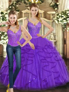 Graceful Purple Organza Lace Up Straps Sleeveless Floor Length Sweet 16 Quinceanera Dress Beading and Ruffles