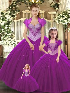 Hot Selling Ball Gowns Sweet 16 Dresses Fuchsia Straps Tulle Sleeveless Floor Length Lace Up