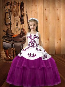 Sleeveless Floor Length Embroidery Lace Up Girls Pageant Dresses with Purple