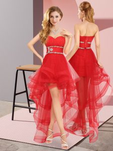 Fabulous High Low A-line Sleeveless Red Quinceanera Court Dresses Lace Up