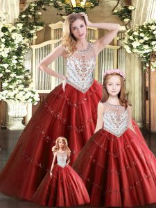 Wine Red Scoop Lace Up Beading Quinceanera Gown Sleeveless