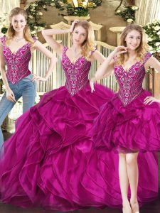 High Class Sleeveless Organza Floor Length Lace Up 15th Birthday Dress in Fuchsia with Ruffles