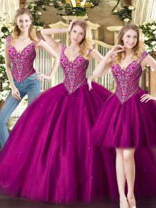 Fuchsia Lace Up Quinceanera Gowns Beading Sleeveless Floor Length