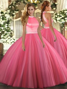 Coral Red Halter Top Backless Beading Quinceanera Dress Sleeveless