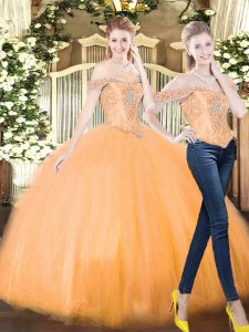 Sleeveless Organza Floor Length Lace Up Quinceanera Dress in Orange Red with Beading and Ruffles