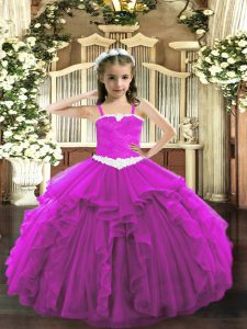 New Arrival Fuchsia Tulle Lace Up Kids Formal Wear Sleeveless Floor Length Appliques and Ruffles