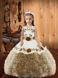 Trendy Multi-color Ball Gowns Straps Sleeveless Fabric With Rolling Flowers Floor Length Lace Up Embroidery and Ruffles Little Girl Pageant Dress