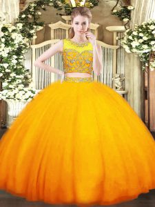 Floor Length Orange Quinceanera Gown Scoop Sleeveless Zipper