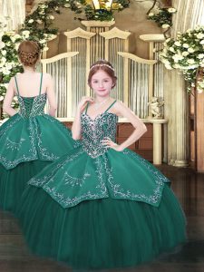 Ball Gowns Girls Pageant Dresses Dark Green Spaghetti Straps Satin and Organza Sleeveless Floor Length Lace Up