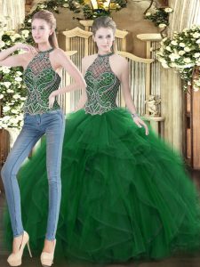 High Class High-neck Sleeveless Lace Up Sweet 16 Dresses Dark Green Organza