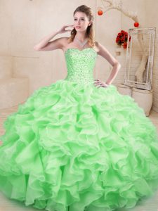 Floor Length Lace Up Quinceanera Dress Apple Green for Sweet 16 and Quinceanera with Beading and Ruffles