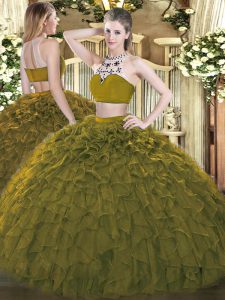 Exceptional Floor Length Backless Quince Ball Gowns Olive Green for Military Ball and Sweet 16 and Quinceanera with Beading and Ruffles